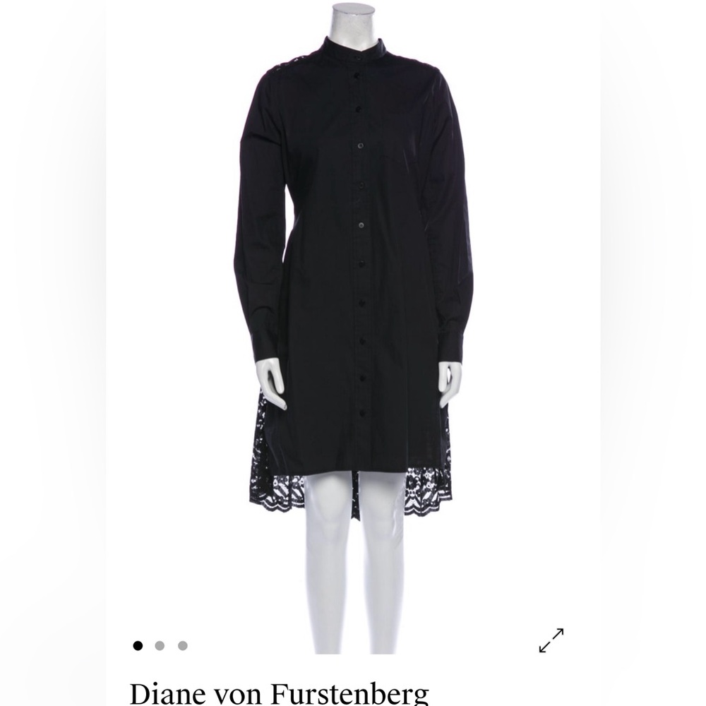 Diane Von Furstenburg Black Cotton and Lace Mock Neck Button down dress